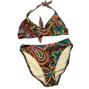 Victorias Secret Bikini Swimsuit size M Floral Multi Color Brown Pink Push Up